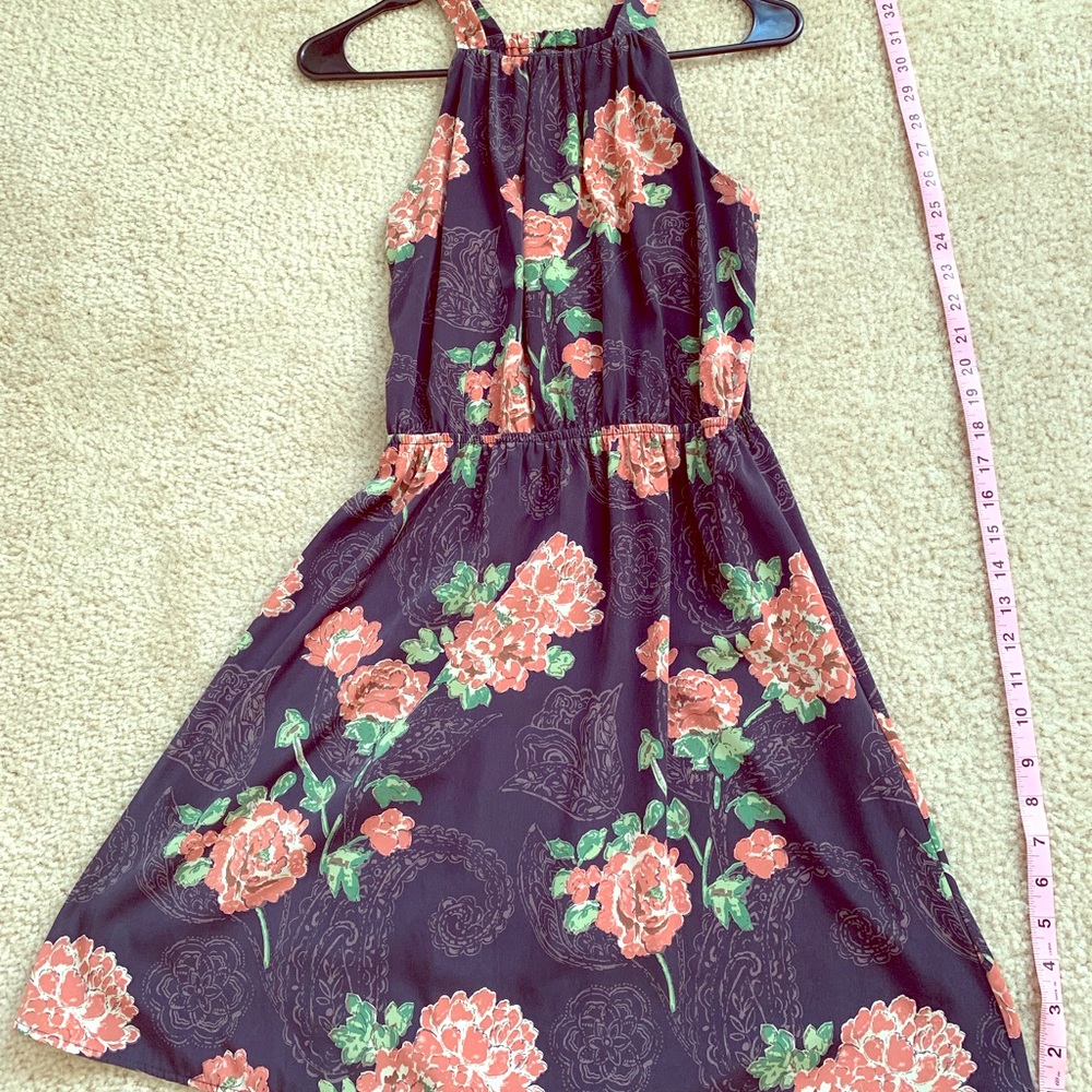 Navy dress with coral flowers